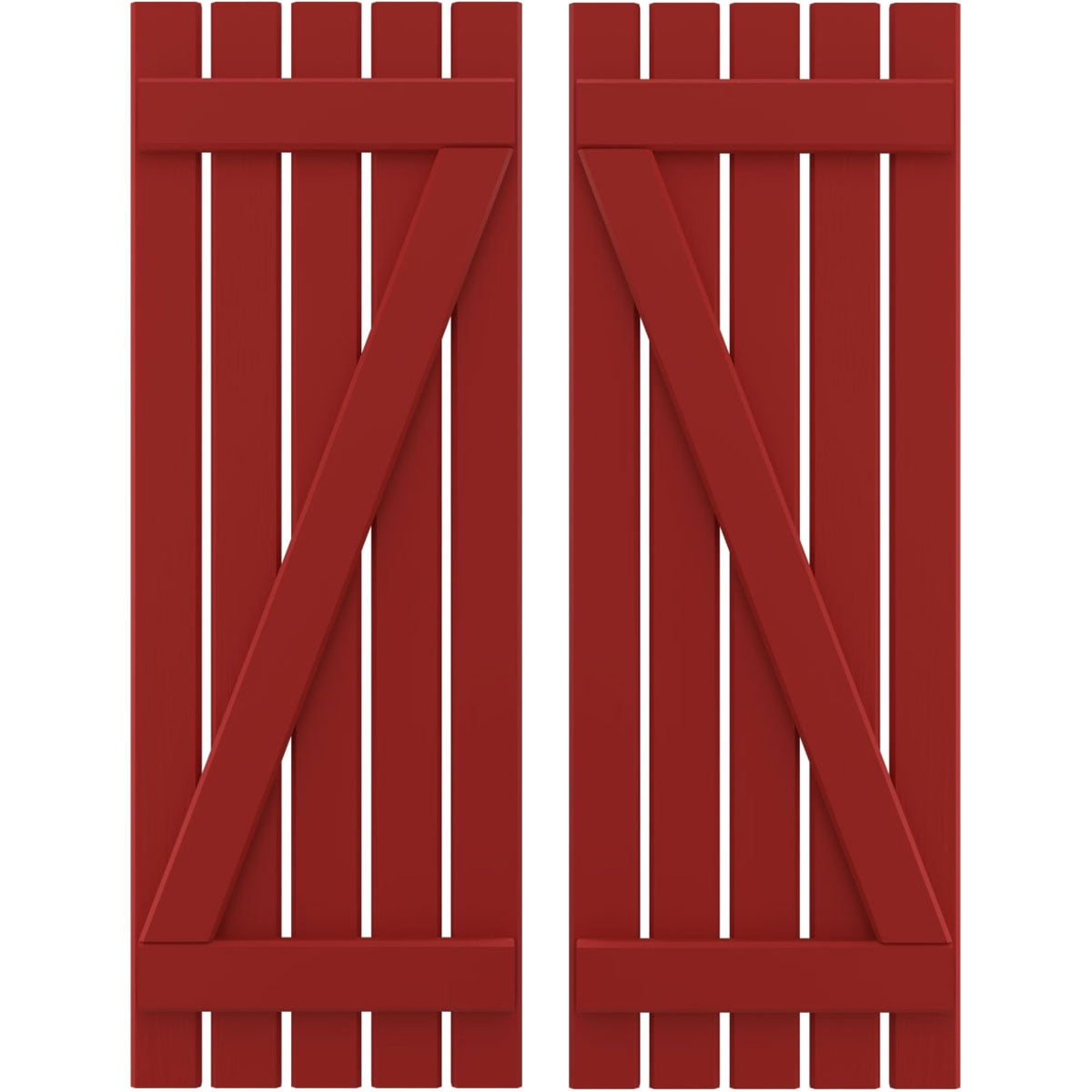 Ekena Millwork 19 1/2"W x 77"H Americraft Five Board (2 Batten) Exterior Real Wood Spaced Board-n-Batten Shutters w/ Z-Bar (Per Pair), Fire Red