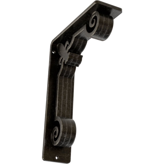 Ekena Millwork 2"W x 5 1/2"D x 8"H Fleur De Lis Wrought Iron Bracket, (Triple center brace), Antiqued Warm Silver