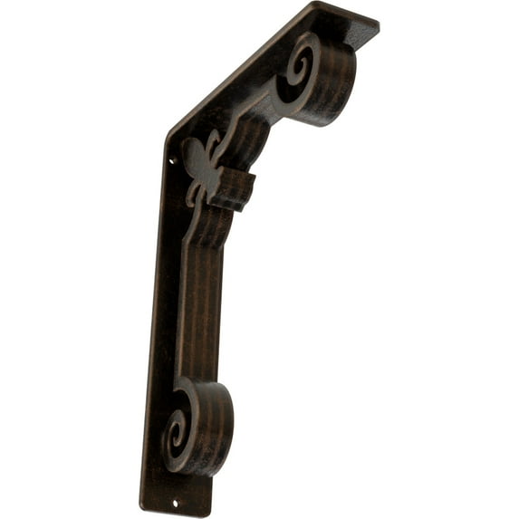 Ekena Millwork 2"W x 7 1/2"D x 10"H Fleur De Lis Wrought Iron Bracket, (Triple center brace), Antiqued Bronze