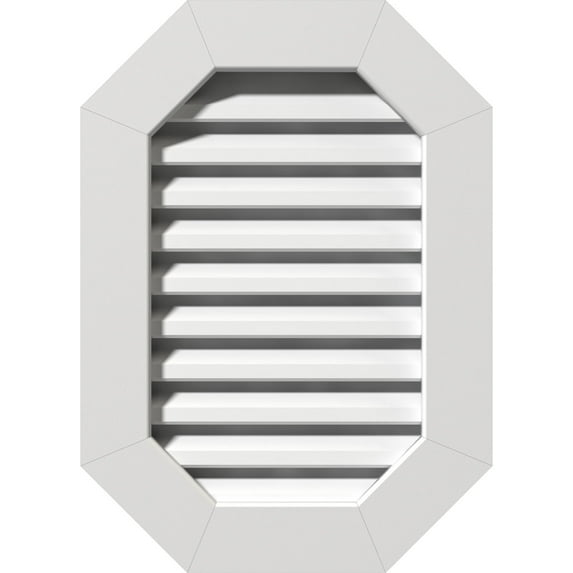 Ekena Millwork 20"W x 34"H Vertical Elongated Octagon (25"W x 39"H Frame Size) Functional, PVC Gable Vent with 1" x 4" Flat Trim Frame