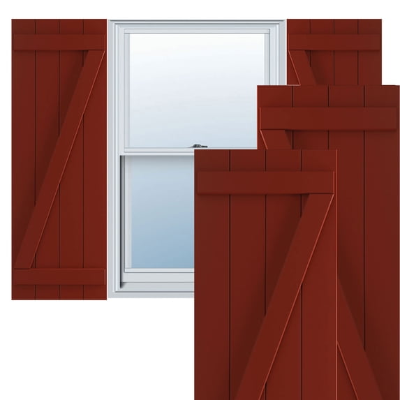 Ekena Millwork 21 1/2"W x 33"H True Fit PVC Four Board Joined Board-n-Batten Shutters w/Z-Bar, Pepper Red (Per Pair - Hardware Not Included)