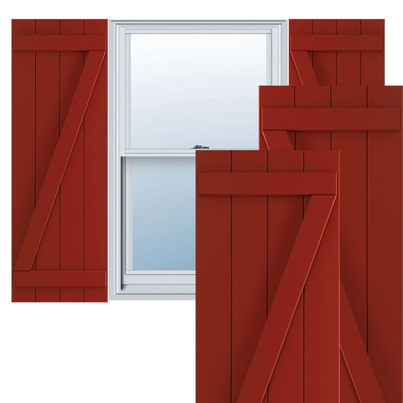 Ekena Millwork 21 1/2"W x 70"H True Fit PVC Four Board Joined Board-n-Batten Shutters w/Z-Bar, Fire Red (Per Pair - Hardware Not Included)