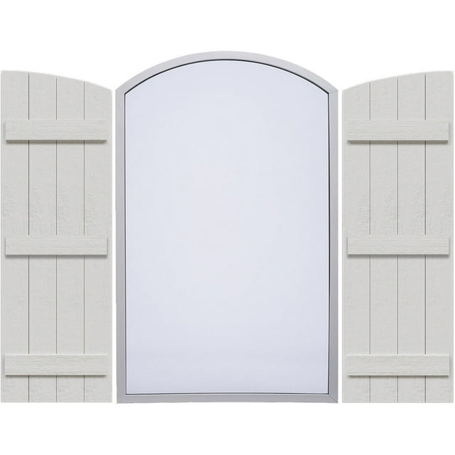 Ekena Millwork 21 1/2"W x 88"H, Rough Cedar (80 5/8" Low Side) Timberthane Faux Rustic Four Board Joined Board-n-Batten Faux Wood Shutters w/Elliptical Arch Top, Rough Cedar (Per Pair)