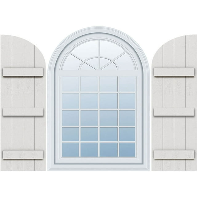 Ekena Millwork 21 1/2"W x 92"H, Rough Cedar (70" Low Side) Timberthane Faux Rustic Four Board Joined Board-n-Batten Faux Wood Shutters w/Quarter Round Arch Top, Rough Cedar (Per Pair)