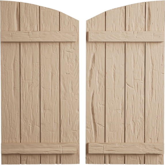 Ekena Millwork 22"W x 24"H (16 5/8" Low Side) Timberthane Hand Hewn Four Board Joined Board-n-Batten w/Elliptical Top Faux Wood Shutters (Per Pair), Primed Tan