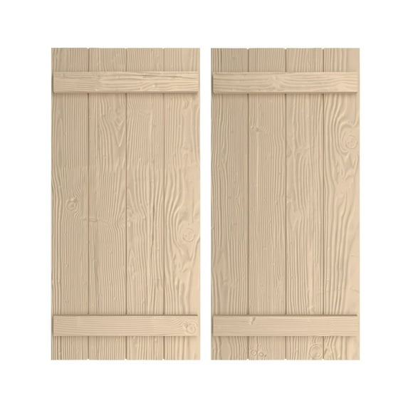 Ekena Millwork 22"W x 24"H Rustic Four Board Joined Board-n-Batten Sandblasted Faux Wood Shutters (Per Pair), Primed Tan