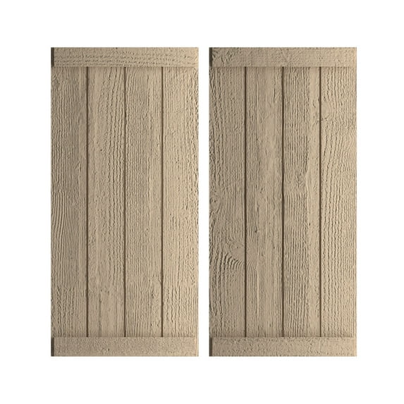 Ekena Millwork 22"W x 30"H Rustic Four Board Joined Board-n-Batten Rough Sawn Faux Wood Shutters w/End Batten (Per Pair), Primed Tan