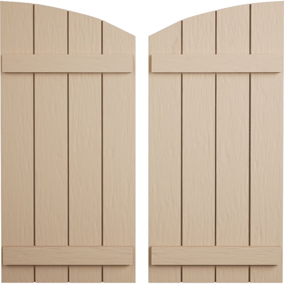 Ekena Millwork 22"W x 32"H (24 5/8" Low Side) Timberthane Rough Sawn Four Board Joined Board-n-Batten w/Elliptical Top Faux Wood Shutters (Per Pair), Primed Tan