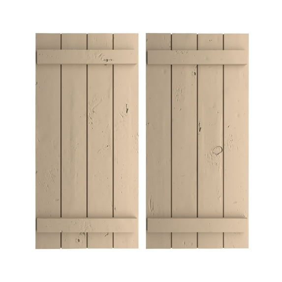 Ekena Millwork 22"W x 32"H Rustic Four Board Joined Board-n-Batten Knotty Pine Faux Wood Shutters (Per Pair), Primed Tan