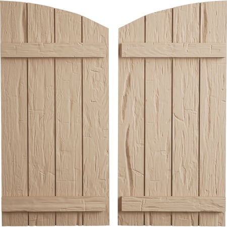 Ekena Millwork 22"W x 34"H (26 5/8" Low Side) Timberthane Hand Hewn Four Board Joined Board-n-Batten w/Elliptical Top Faux Wood Shutters (Per Pair), Primed Tan