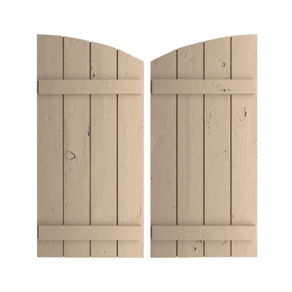 Ekena Millwork 22"W x 34"H (26 5/8" Low Side) Timberthane Knotty Pine Four Board Joined Board-n-Batten w/Elliptical Top Faux Wood Shutters (Per Pair), Primed Tan