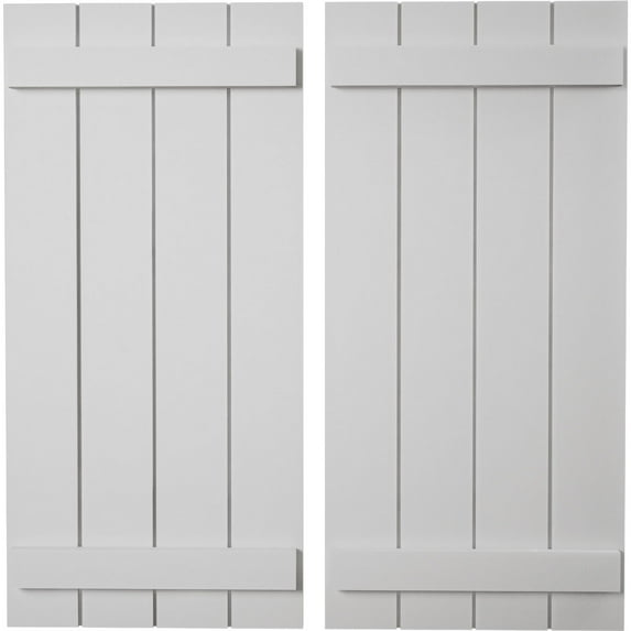 Ekena Millwork 22"W x 36"H Rustic Four Board Joined Board-n-Batten Smooth Faux Wood Shutters (Per Pair), Primed Tan