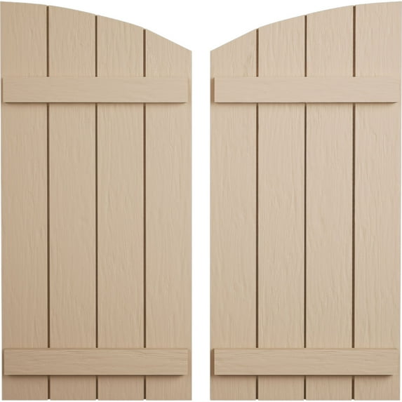 Ekena Millwork 22"W x 42"H (34 5/8" Low Side) Timberthane Rough Sawn Four Board Joined Board-n-Batten w/Elliptical Top Faux Wood Shutters (Per Pair), Primed Tan