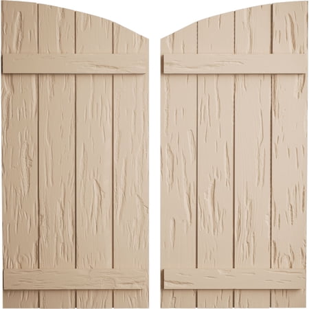 Ekena Millwork 22"W x 44"H (36 5/8" Low Side) Timberthane Pecky Cypress Four Board Joined Board-n-Batten w/Elliptical Top Faux Wood Shutters (Per Pair), Primed Tan