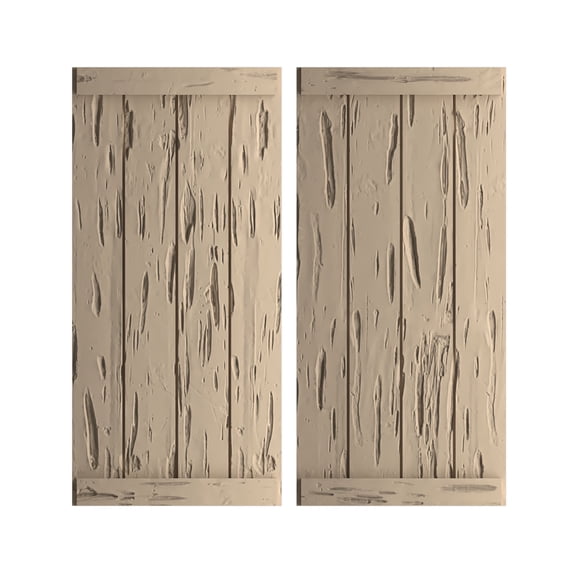Ekena Millwork 22"W x 46"H Rustic Four Board Joined Board-n-Batten Pecky Cypress Faux Wood Shutters w/End Batten (Per Pair), Primed Tan
