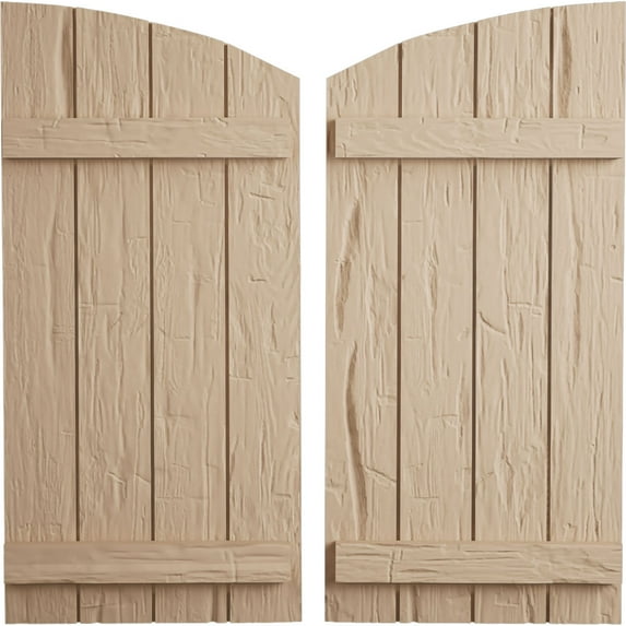Ekena Millwork 22"W x 48"H (40 5/8" Low Side) Timberthane Hand Hewn Four Board Joined Board-n-Batten w/Elliptical Top Faux Wood Shutters (Per Pair), Primed Tan