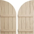 thumbnail image 1 of Ekena Millwork 22"W x 50"H (28" Low Side) Timberthane Pecky Cypress Four Board Joined Board-n-Batten w/Quarter Round Arch Top Faux Wood Shutters (Per Pair), Primed Tan, 1 of 6