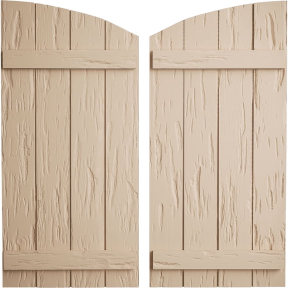 Ekena Millwork 22"W x 50"H (42 5/8" Low Side) Timberthane Pecky Cypress Four Board Joined Board-n-Batten w/Elliptical Top Faux Wood Shutters (Per Pair), Primed Tan