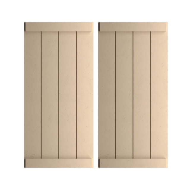 Ekena Millwork 22"W x 50"H Rustic Four Board Joined Board-n-Batten Smooth Faux Wood Shutters w/End Batten (Per Pair), Primed Tan