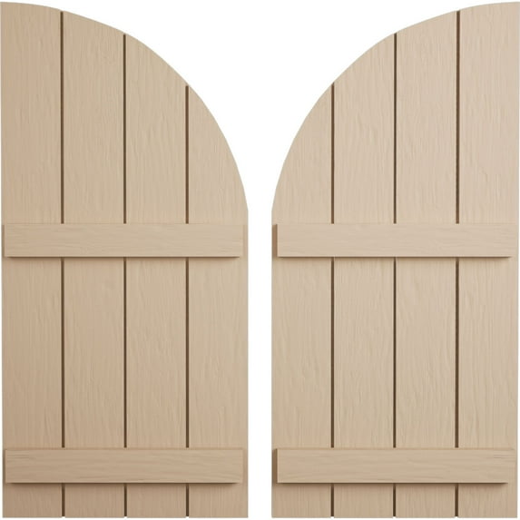 Ekena Millwork 22"W x 52"H (30" Low Side) Timberthane Rough Sawn Four Board Joined Board-n-Batten w/Quarter Round Arch Top Faux Wood Shutters (Per Pair), Primed Tan