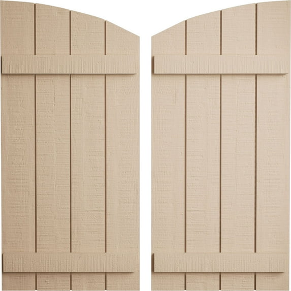 Ekena Millwork 22"W x 54"H (46 5/8" Low Side) Timberthane Rough Cedar Four Board Joined Board-n-Batten w/Elliptical Top Faux Wood Shutters (Per Pair), Primed Tan