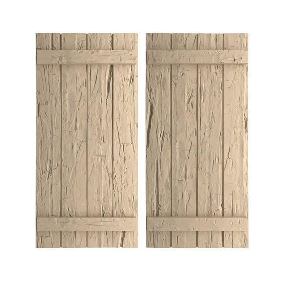 Ekena Millwork 22"W x 54"H Rustic Four Board Joined Board-n-Batten Hand Hewn Faux Wood Shutters (Per Pair), Primed Tan