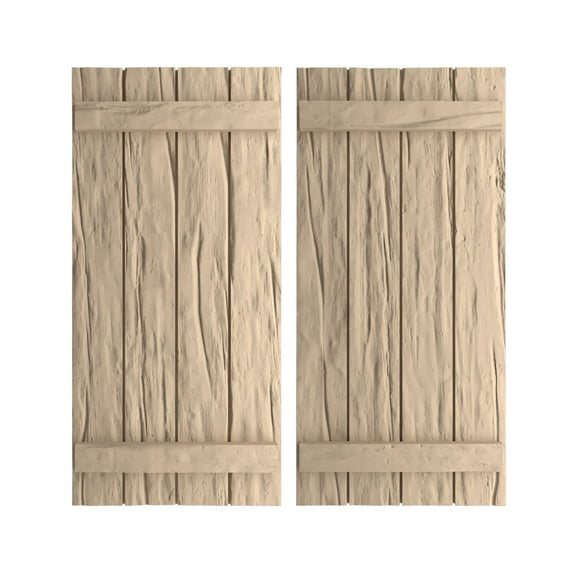 Ekena Millwork 22"W x 54"H Rustic Four Board Joined Board-n-Batten Riverwood Faux Wood Shutters (Per Pair), Primed Tan