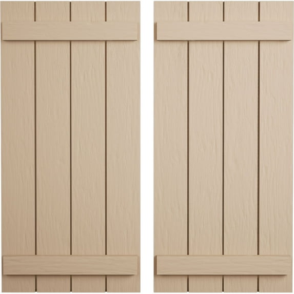 Ekena Millwork 22"W x 54"H Rustic Four Board Joined Board-n-Batten Rough Sawn Faux Wood Shutters (Per Pair), Primed Tan
