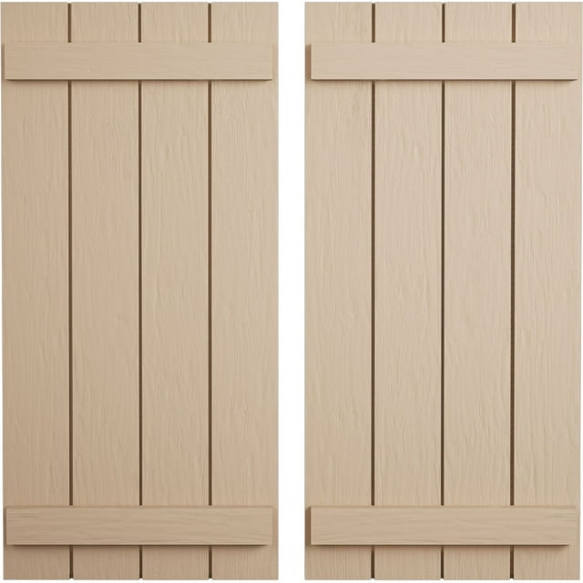 Ekena Millwork 22"W x 54"H Rustic Four Board Joined Board-n-Batten Rough Sawn Faux Wood Shutters (Per Pair), Primed Tan