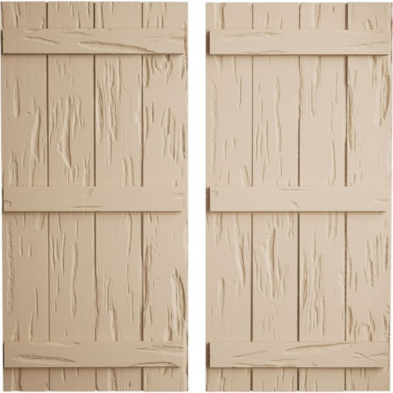 Ekena Millwork 22"W x 58"H Rustic Four Board Joined Board-n-Batten Pecky Cypress Faux Wood Shutters (Per Pair), Primed Tan