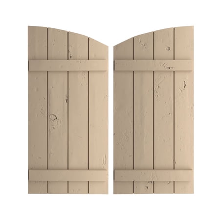Ekena Millwork 22"W x 60"H (52 5/8" Low Side) Timberthane Knotty Pine Four Board Joined Board-n-Batten w/Elliptical Top Faux Wood Shutters (Per Pair), Primed Tan