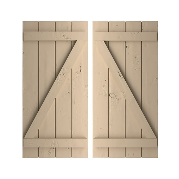 Ekena Millwork 22"W x 60"H Rustic Four Board Joined Board-n-Batten Knotty Pine Faux Wood Shutters w/Z-Board (Per Pair), Primed Tan