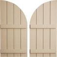 thumbnail image 1 of Ekena Millwork 22"W x 62"H (40" Low Side) Timberthane Rough Cedar Four Board Joined Board-n-Batten w/Quarter Round Arch Top Faux Wood Shutters (Per Pair), Primed Tan, 1 of 6