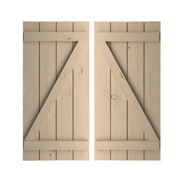 Ekena Millwork 22"W x 62"H Rustic Four Board Joined Board-n-Batten Knotty Pine Faux Wood Shutters w/Z-Board (Per Pair), Primed Tan