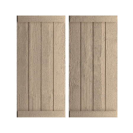 Ekena Millwork 22"W x 64"H Rustic Four Board Joined Board-n-Batten Rough Sawn Faux Wood Shutters w/End Batten (Per Pair), Primed Tan
