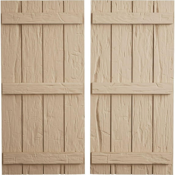 Ekena Millwork 22"W x 66"H Rustic Four Board Joined Board-n-Batten Hand Hewn Faux Wood Shutters (Per Pair), Primed Tan