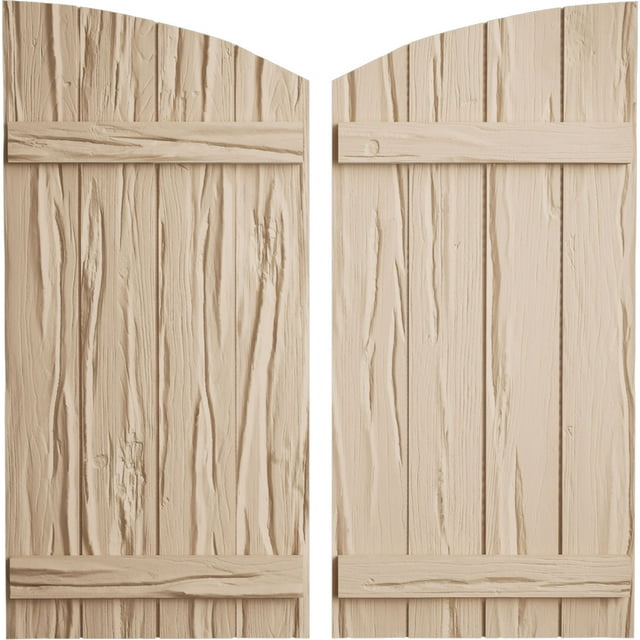 Ekena Millwork 22"W x 68"H (60 5/8" Low Side) Timberthane Riverwood Four Board Joined Board-n-Batten w/Elliptical Top Faux Wood Shutters (Per Pair), Primed Tan
