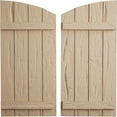 thumbnail image 1 of Ekena Millwork 22"W x 76"H (68 5/8" Low Side) Timberthane Hand Hewn Four Board Joined Board-n-Batten w/Elliptical Top Faux Wood Shutters (Per Pair), Primed Tan, 1 of 6