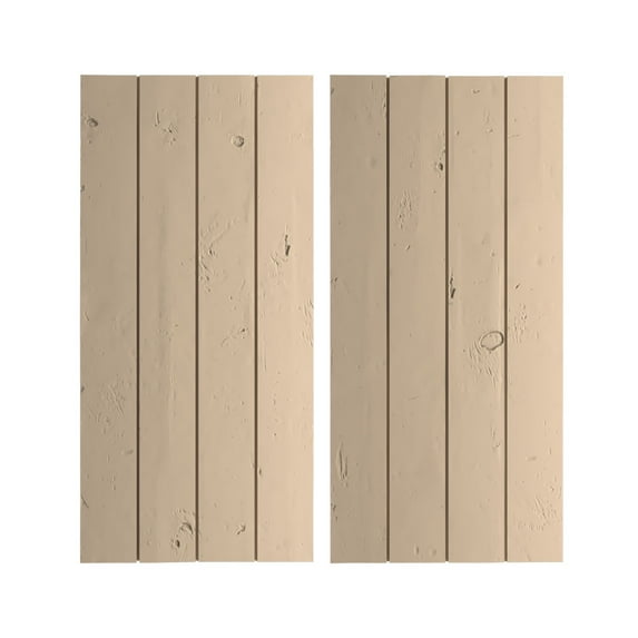 Ekena Millwork 22"W x 76"H Rustic Four Board Joined Board-n-Batten Knotty Pine Faux Wood Shutters w/No Batten (Per Pair), Primed Tan