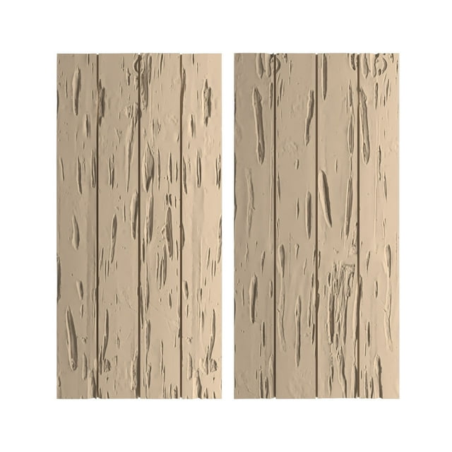 Ekena Millwork 22"W x 76"H Rustic Four Board Joined Board-n-Batten Pecky Cypress Faux Wood Shutters w/No Batten (Per Pair), Primed Tan