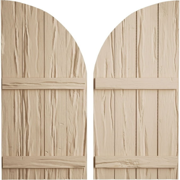 Ekena Millwork 22"W x 80"H (58" Low Side) Timberthane Riverwood Four Board Joined Board-n-Batten w/Quarter Round Arch Top Faux Wood Shutters (Per Pair), Primed Tan