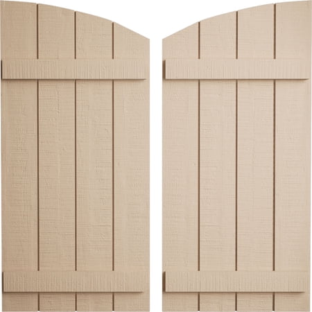 Ekena Millwork 22"W x 80"H (72 5/8" Low Side) Timberthane Rough Cedar Four Board Joined Board-n-Batten w/Elliptical Top Faux Wood Shutters (Per Pair), Primed Tan