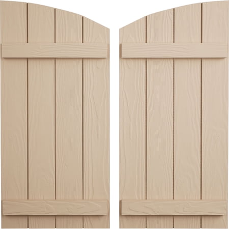 Ekena Millwork 22"W x 80"H (72 5/8" Low Side) Timberthane Sandblasted Four Board Joined Board-n-Batten w/Elliptical Top Faux Wood Shutters (Per Pair), Primed Tan