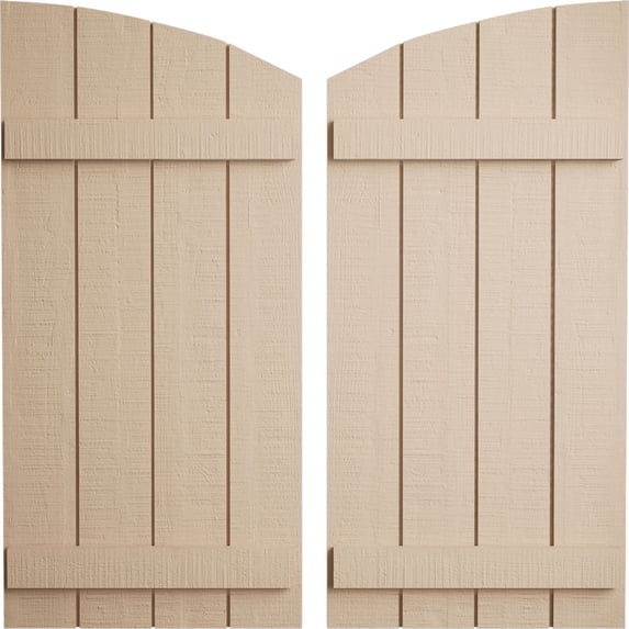 Ekena Millwork 22"W x 82"H (74 5/8" Low Side) Timberthane Rough Cedar Four Board Joined Board-n-Batten w/Elliptical Top Faux Wood Shutters (Per Pair), Primed Tan