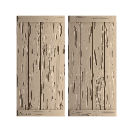 Ekena Millwork 22"W x 82"H Rustic Four Board Joined Board-n-Batten Pecky Cypress Faux Wood Shutters w/End Batten (Per Pair), Primed Tan