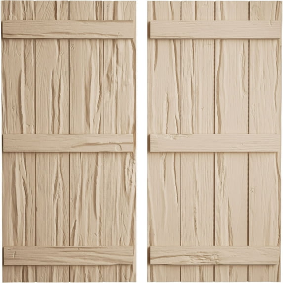 Ekena Millwork 22"W x 82"H Rustic Four Board Joined Board-n-Batten Riverwood Faux Wood Shutters (Per Pair), Primed Tan