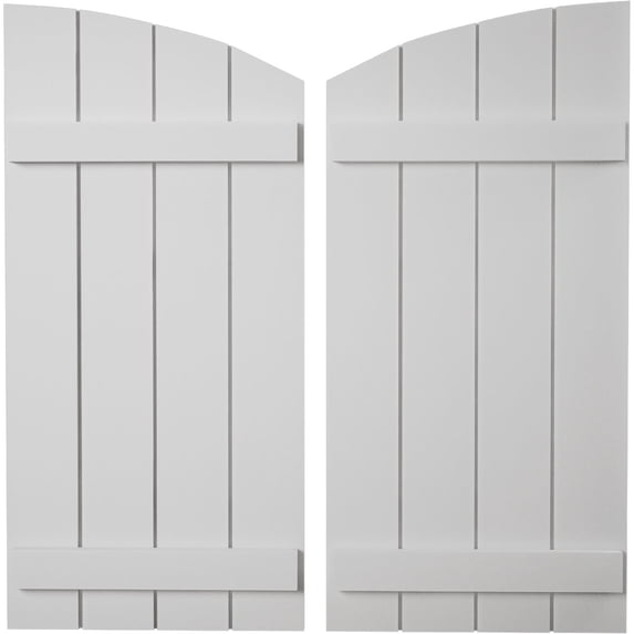 Ekena Millwork 22"W x 84"H (76 5/8" Low Side) Timberthane Smooth Four Board Joined Board-n-Batten w/Elliptical Top Faux Wood Shutters (Per Pair), Primed Tan