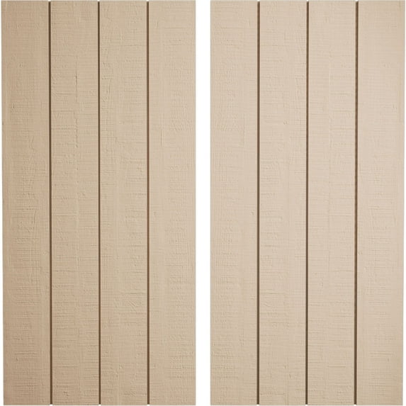 Ekena Millwork 22"W x 84"H Rustic Four Board Joined Board-n-Batten Rough Cedar Faux Wood Shutters w/No Batten (Per Pair), Primed Tan
