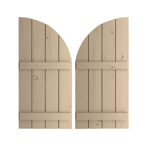 Ekena Millwork 22"W x 86"H (64" Low Side) Timberthane Knotty Pine Four Board Joined Board-n-Batten w/Quarter Round Arch Top Faux Wood Shutters (Per Pair), Primed Tan