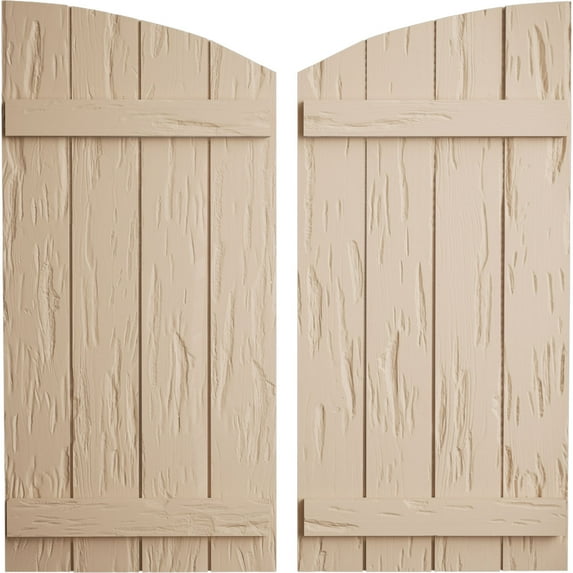Ekena Millwork 22"W x 88"H (80 5/8" Low Side) Timberthane Pecky Cypress Four Board Joined Board-n-Batten w/Elliptical Top Faux Wood Shutters (Per Pair), Primed Tan